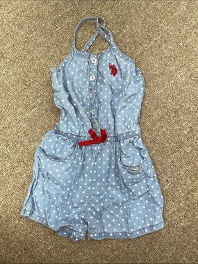 U.S. Polo Assn. Light Blue Polka Dot Romper with Red Logo and Bow